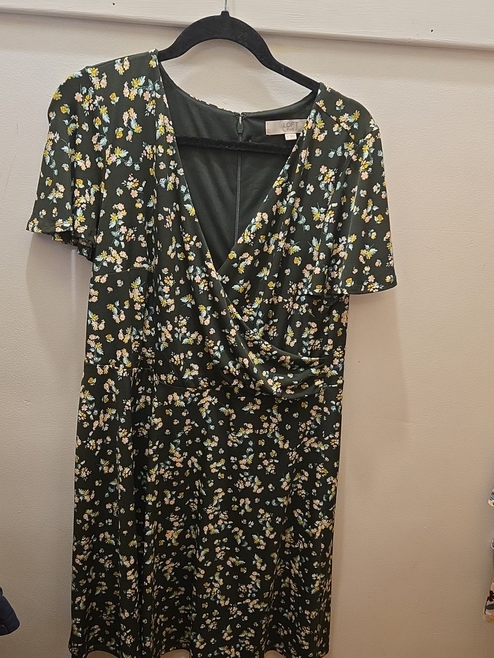 LOFT Dark Green Floral Faux-Wrap Dress